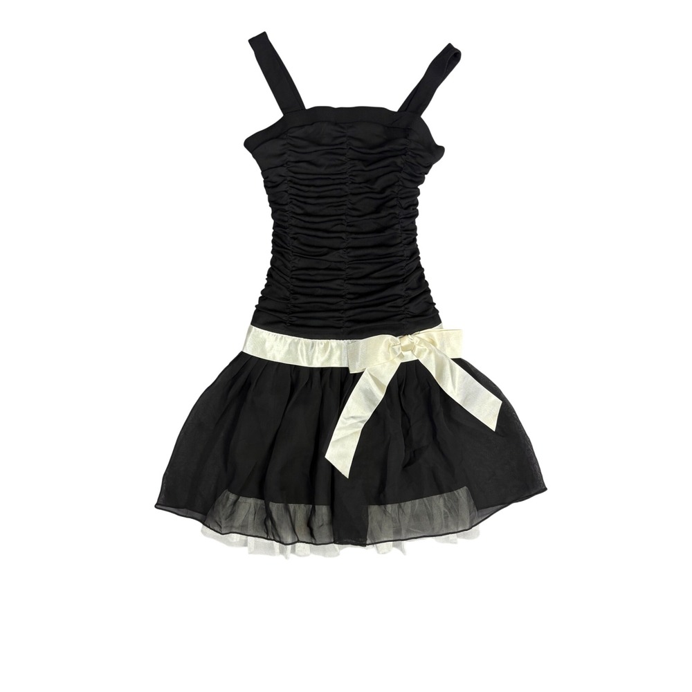 Y2K‎ Vintage Black Sheer & Tulle Drop Waist Ruched Sleeveless Dress Girl Size 7